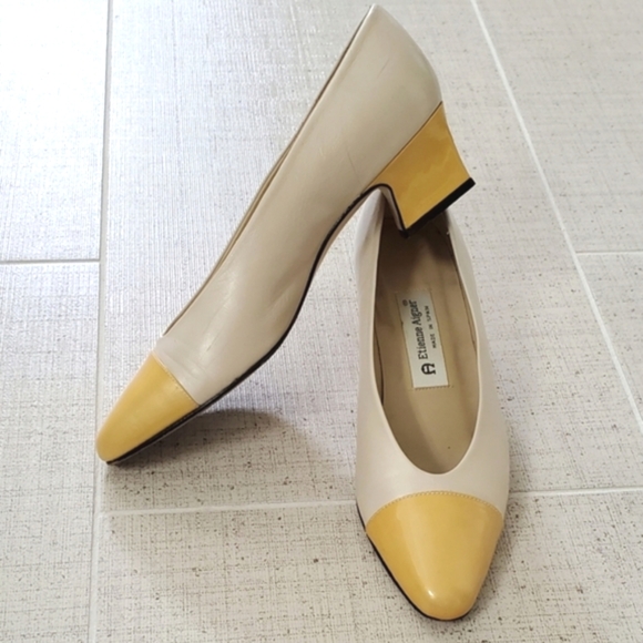 Etienne Aigner Leather Cap Toe Pumps, Bone With Golden Yellow Cap/Heel, 8, EUC - Picture 1 of 16